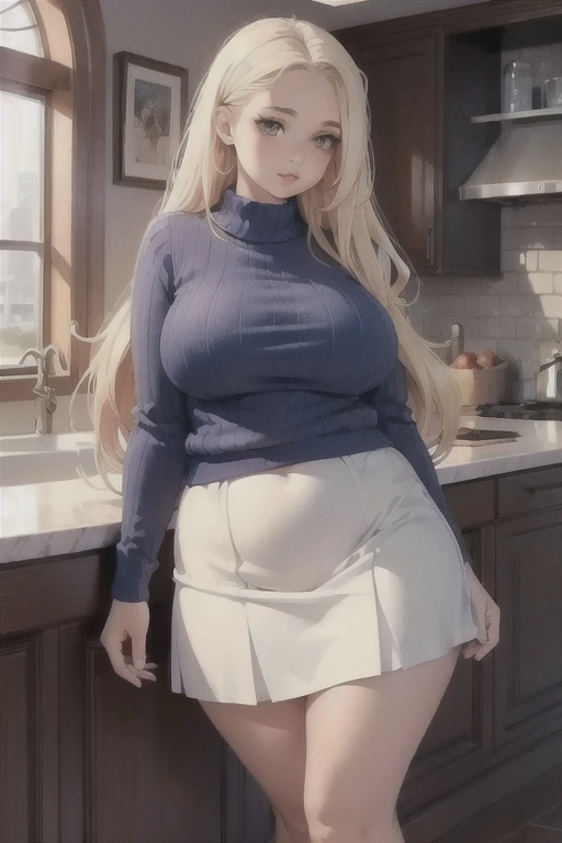 1 girl, blonde hair with two ponytails, big breasts, Slim sweatshirt, short waffle skirt, big hips, breast falls out, not good, nipples stick out on chest, Pointy nipples, Plump lips