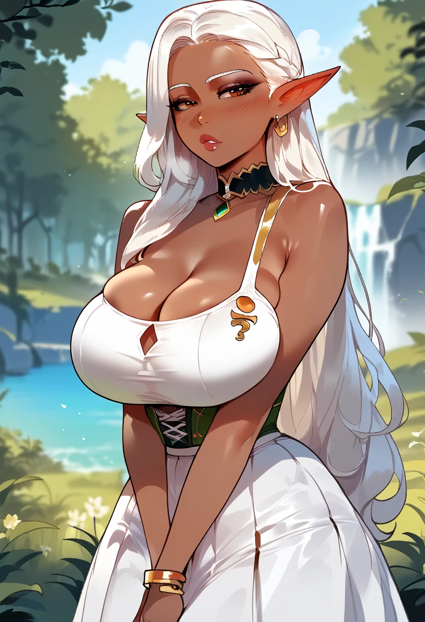 Bimbo wearing White hotpants, huge distended breasts, topless, Looking at Viewer, Cinematic lighting, Perfect, softlight, High resolution skin, Realistic skin texture, 20 years old woman、a small face、, heart necklace, earrings, Blue eyes, (bleached blond hair)、(style of Alphonse Mucha:1.2), 