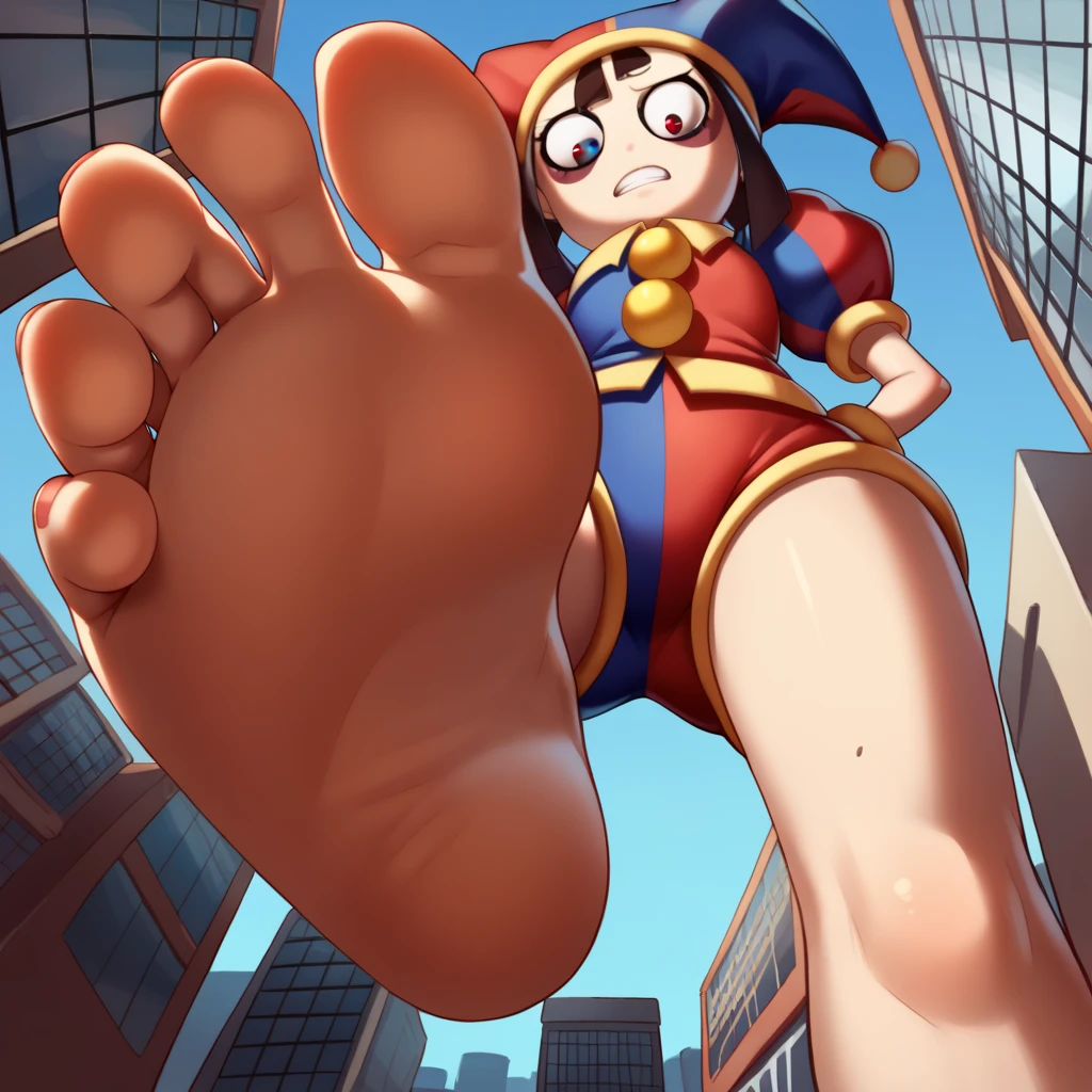 score_9, score_8_above, score_7_above, source_anime, BREAK POV :  under Giantess ,1 ,Remember,jester cap, shezfe ,  short and puffy sleeves,   red eyes and blue eyes, striped,from below,Step on ,barefoot,Solas,city