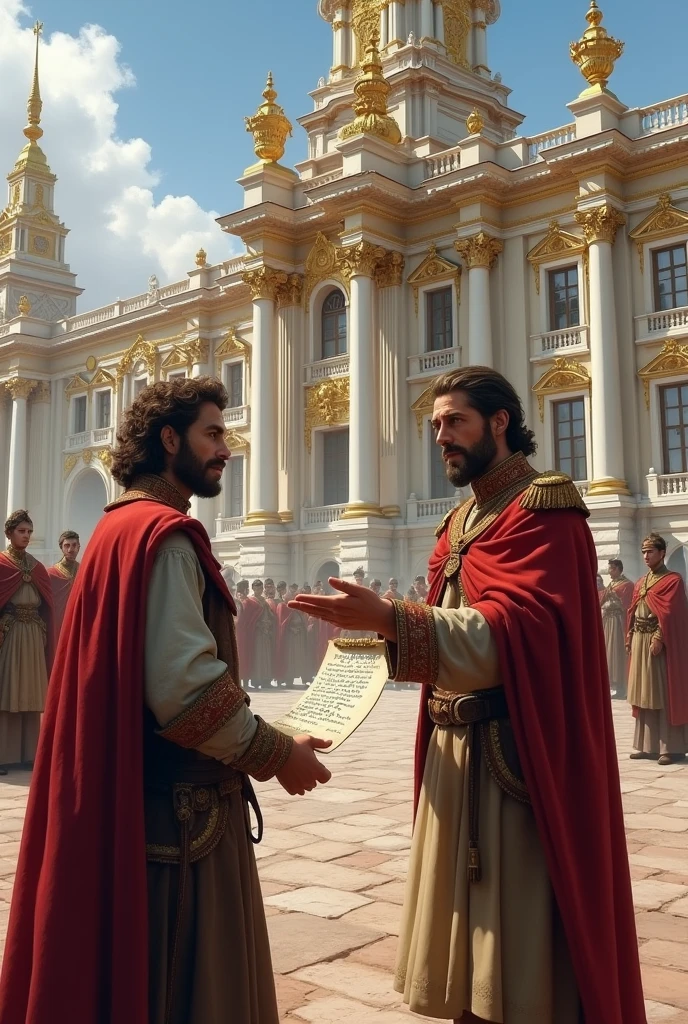 In front of a royal palace, a villager holding a piece of paper is talking to a uniformed palace guard.