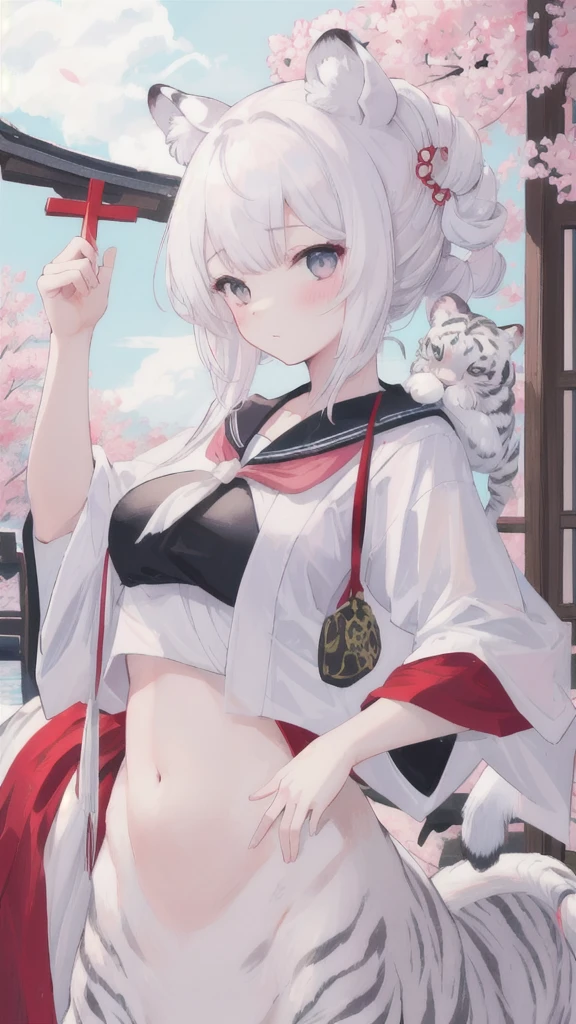 (best quality, masterpiece), 1 girl, centaur, It takes,Japanese ,smiley face,exposing the abdomen, belly button t-shirt,아름다운 소녀 perfect white tiger photo, perfect white tiger photo