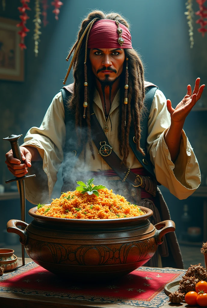 A pirate cooking in a large pot with an octopus tentacle and crab claws sticking out of the pot