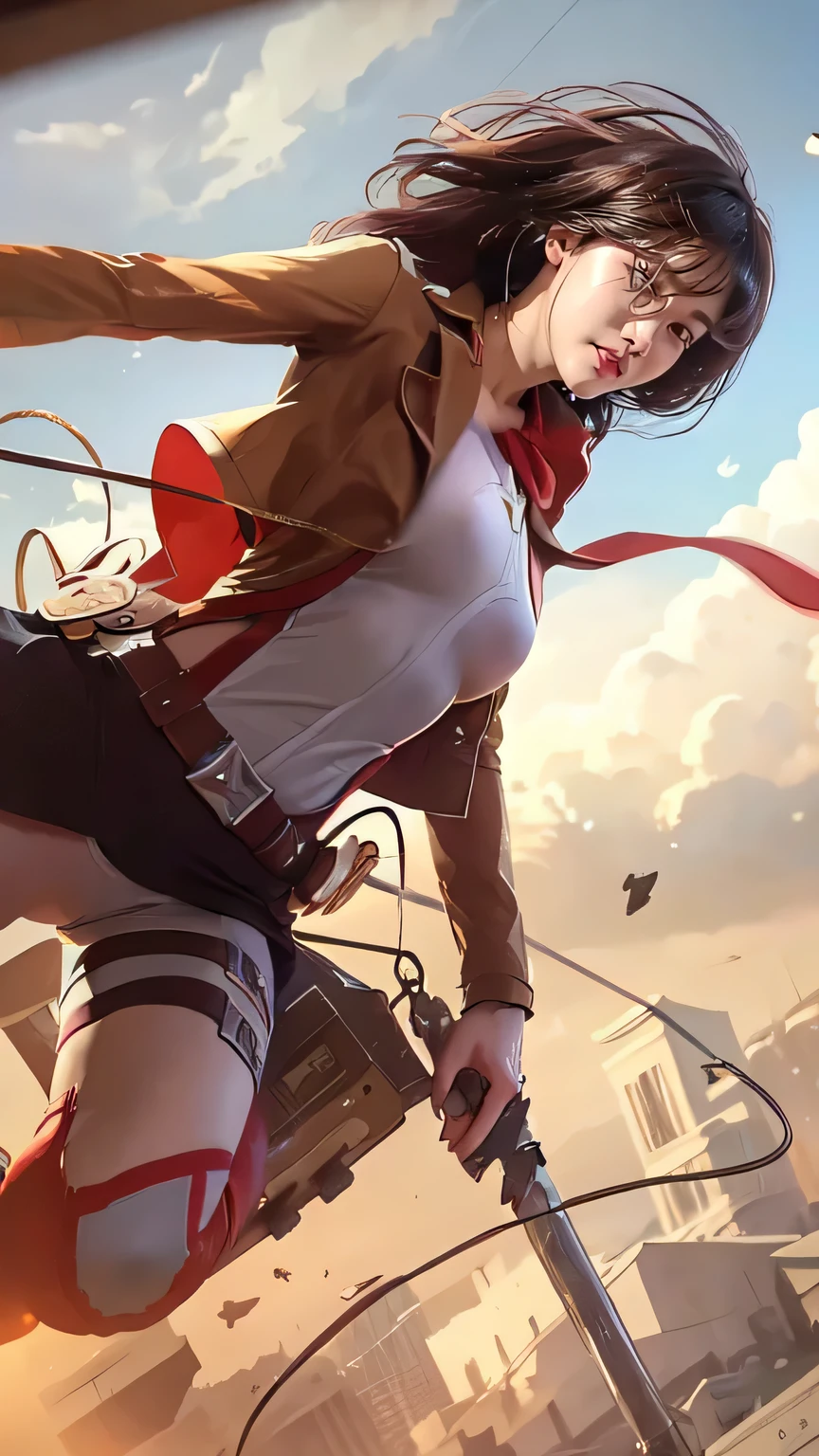 Huge breasts, micro bikini, exposed breasts, areolas protruding areolas indentation, see-through bikini, Azur lane, massive breasts, portrait, perfect angle professional quality high resolution perfect contrast perfect lighting perfect composition perfect Waifu perfect skin perfect hands perfect fingers perfect breasts perfect hair perfect face realistic facial features masterpiece, 1girl, solo, looking at viewer, short hair, bangs, shirt, black hair, hair between eyes, brown eyes, closed mouth, jacket, white shirt, upper body, artist name, scarf, open jacket, lips, wind, portrait, red scarf, brown jacket, nose, emblem, paradis military uniform, embers, survey corps (emblem), mikasa ackerman, 3D, sparkle