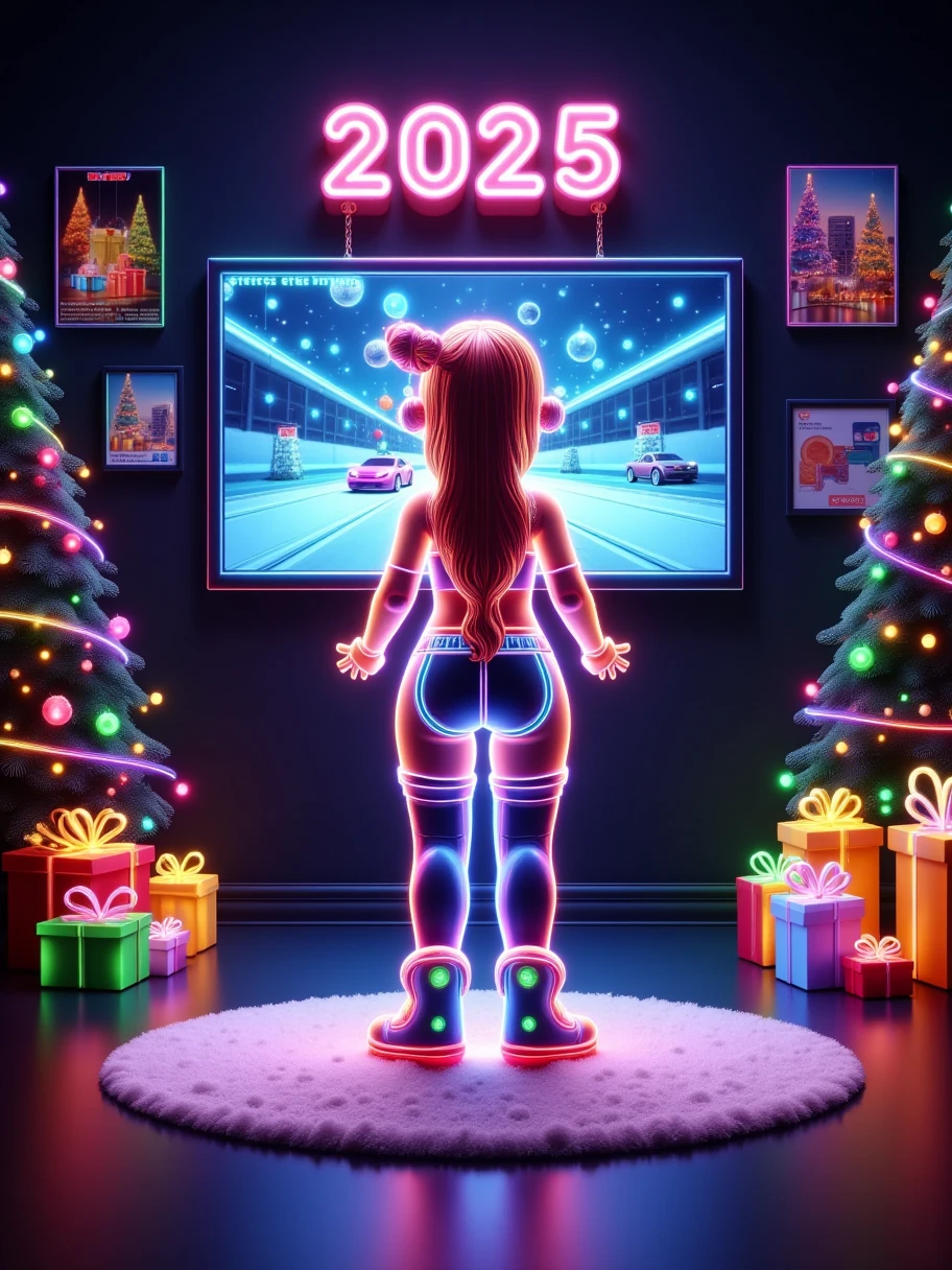 In a 3D cartoon game scene, a woman dressed in Christmas attire, with a slim figure, immerses herself in a fun filled game room, and the entire picture is full of vitality and excitement. The lights in the room are colorful, with a "2025" poster hanging on the wall, surrounded by sparkling neon light strips and Christmas tree decorations full of Christmas themes. In the center of the room, there is a large screen TV displaying a cartoon style Christmas racing game. Give people a strong e-sports atmosphere, surrounded by snacks and drinks such as potato chips, popcorn and juice, gift boxes, shopping bags, etc. This adds a relaxed and pleasant atmosphere.