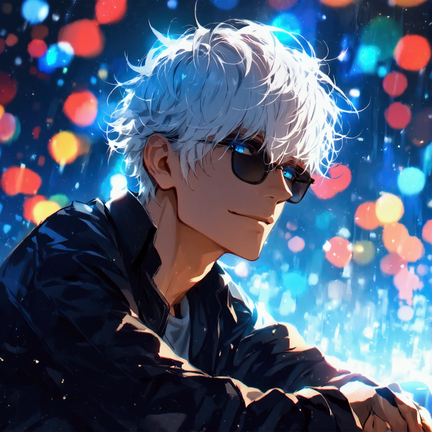 (solo), (1 male), (1 man), handsome men, (one man with white hair, blue eyes), short hair, messy hair, sunglasses,((masterpiece)), (dark background: 1.3), (stylish), dynamic angle, (detailed face, detailed eyes, proportional hands, proportional anatomy), sitting in a relaxed pose, sinister atmosphere, a nihilistic smile