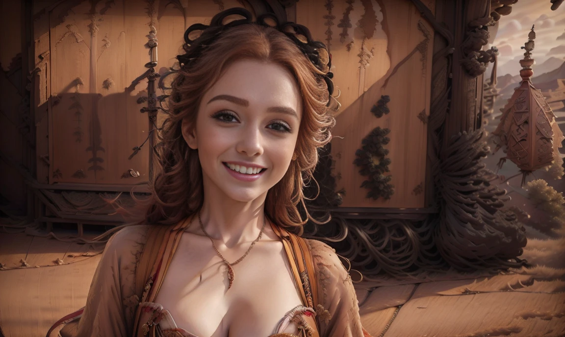 fantasy, realistic. close up. ((bright color palette:1.5)). ((red-haired:1.5)), ((one classy stunning gorgeous female high-class bard:1.5)), ((light brown eyes:1.5)), ((happy smiling beautiful expression:1.5)), wearing expensive feminine clothing, holding a lute, ((looking straight at the camera:1.5)), colorful village background.