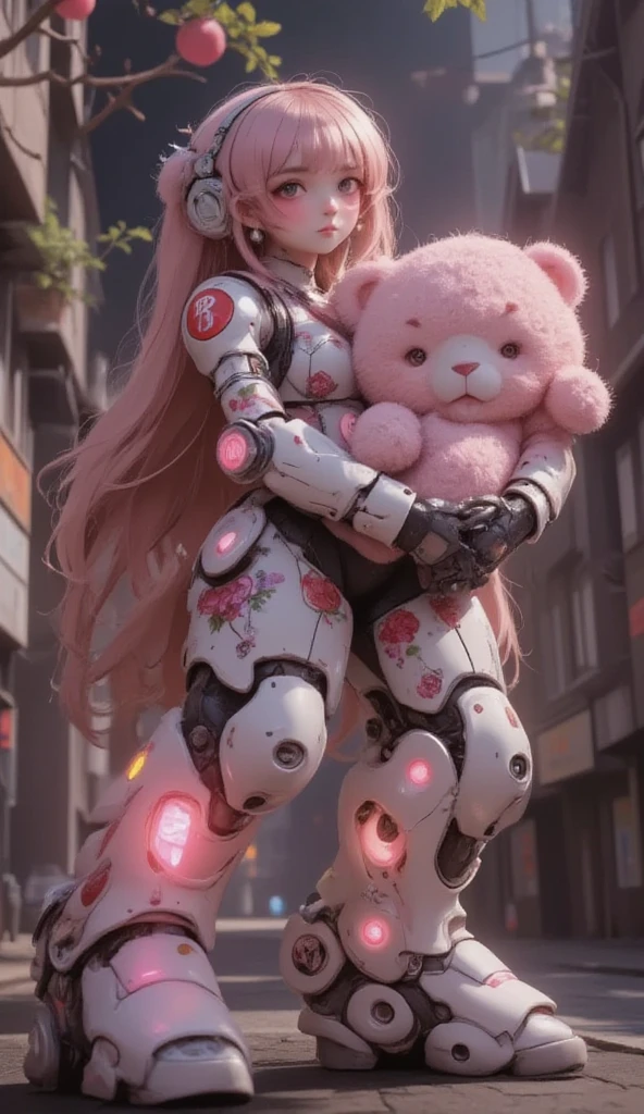 cute girly robot,flower pattern on body, heavy weapons,kawaii mood,Joints and gaps glowing pink.holding teddybear,newest anime style