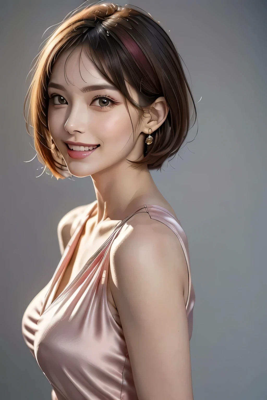 1.  beautiful woman, (1 supermodel), (   Perfect Anatomy ), (( cowboy shot )), Golden Ratio, (top quality:1.4), 32k resolution, ( realistic   :1.5), (超   realistic   :1.5), High resolution UHD, (masterpiece :1.2)), (Improved quality:1.4), ( Very Beautiful Face Details ), (Grin), (Top quality realistic feel), ((pink silk dress :1.37)), Earrings,  necklace, (Big Breasts:1.3), (thigh), (Ass ), Accurate Fingers,  very detailed with crimson hair,  beautiful eyes,  double eyelids in judo uniforms,  eyelash , Shaping your eyebrows, (( very detailed with crimson hair portraits)),  red cheeks , Ultra-  realistic   eyes, Perfect Lips,    perfect eyes,  natural cosmetics , [ I have pink lipstick], (( Commitment to quality :1.2)), ( beautiful lips:1.33), (Great nose:1.2), (Big Breasts), Brunette Pixie Cut , (( realistic )), (( sharp concentration)), ( highest resolution), (( high image quality)), ((masterpiece)),  PROFESSIONAL CINEMA LIGHTING