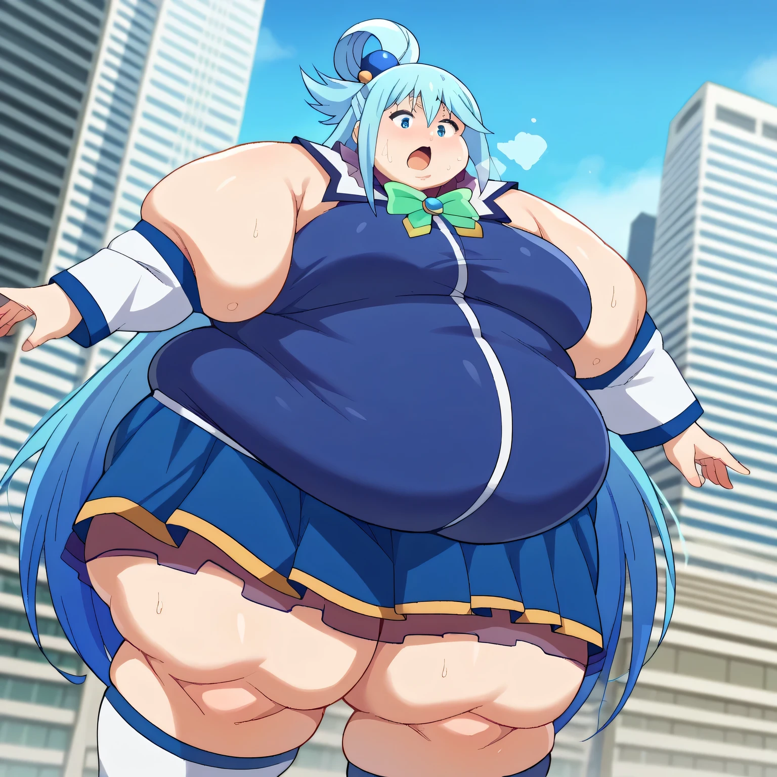 score_9, score_8_superior, score_7_superior, sauce_anime,
KonoSubaAqua, Aqua \(KonoSuba\), Long Hair, blue eyes, hair ornaments, very Long Hair, Blue Hair, Hair Ring, シングルHair Ring, Hair ties,
skirt, shirt, Knee socks, Bare shoulders, Removable sleeves, white Knee socks, blue skirt, blue shirt, Green ribbon,
Outdoor, Cityscape, I had already finished,
View your viewers, Cowboy Shot, Dutch Angle, fat, chubby, obese, gigantic arms and legs, large breasts open mouth, out of breath