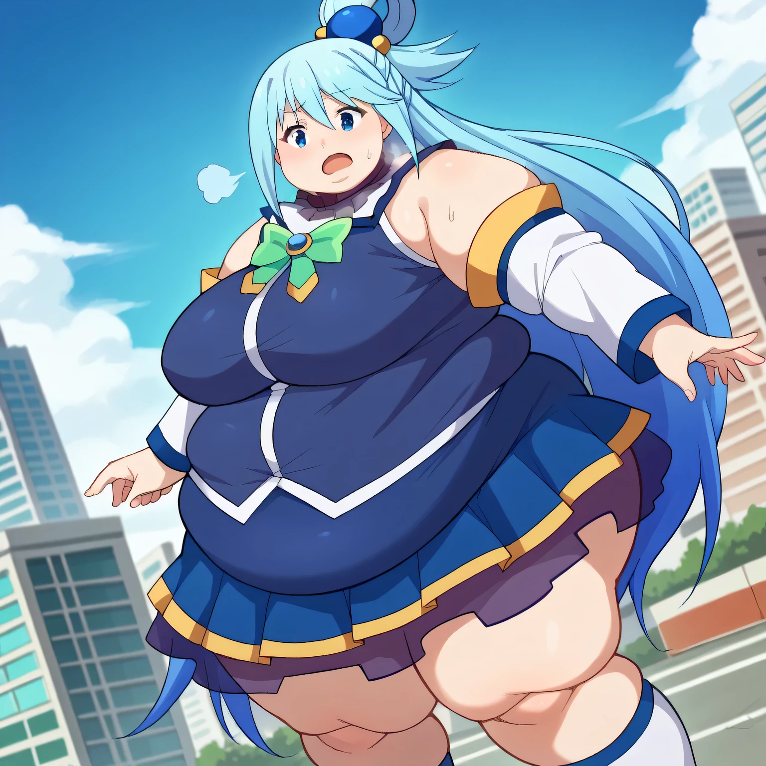 score_9, score_8_superior, score_7_superior, sauce_anime,
KonoSubaAqua, Aqua \(KonoSuba\), Long Hair, blue eyes, hair ornaments, very Long Hair, Blue Hair, Hair Ring, シングルHair Ring, Hair ties,
skirt, shirt, Knee socks, Bare shoulders, Removable sleeves, white Knee socks, blue skirt, blue shirt, Green ribbon,
Outdoor, Cityscape, I had already finished,
View your viewers, Cowboy Shot, Dutch Angle, fat, chubby, obese, gigantic arms and legs, large breasts open mouth, out of breath