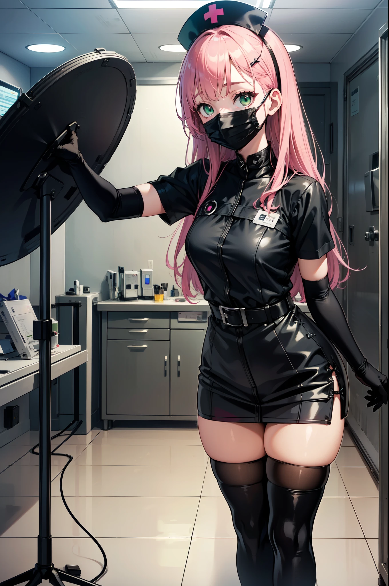 black nurse, 1 girl, alone, black nurse cap, Blackware, ((black legwear, zettai ryouiki)), black elbow gloves, pink hair, green eyes, droopy eyes, ((black surgical mask, covered nose)), Are standing, ((operating room)), sharp outline, short sleeve, highest quality, masterpiece