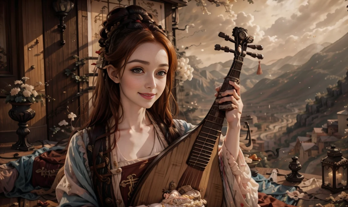 fantasy, realistic. close up. ((bright color palette:1.5)). ((red-haired:1.5)), ((one classy stunning gorgeous female high-class bard:1.5)), ((light brown eyes:1.5)), ((happy smiling beautiful expression:1.5)), wearing expensive feminine clothing, holding a lute, ((looking straight at the camera:1.5)), colorful village background.