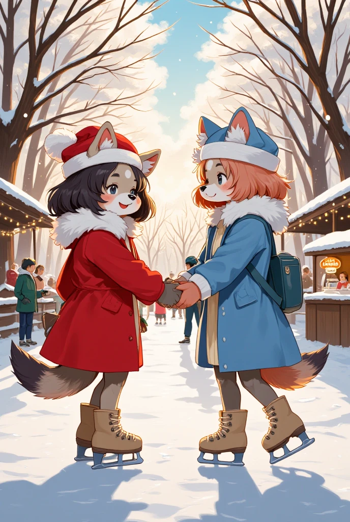 raccoon girl, raccoont ears, raccoont tail, two_girls, outdoor_ice_rink, first_time, winter_clothes, bright_red_coat, light_blue_jacket, fluffy_hats, matching_mittens, new_skates, sunlight, holding_hands, balance, surprise, excitement, joy, snowy_park, trees_with_snow, other_skaters, sunlight_glow, magical_winter, twinkling_fairy_lights, hot_chocolate_stand, festive_feel