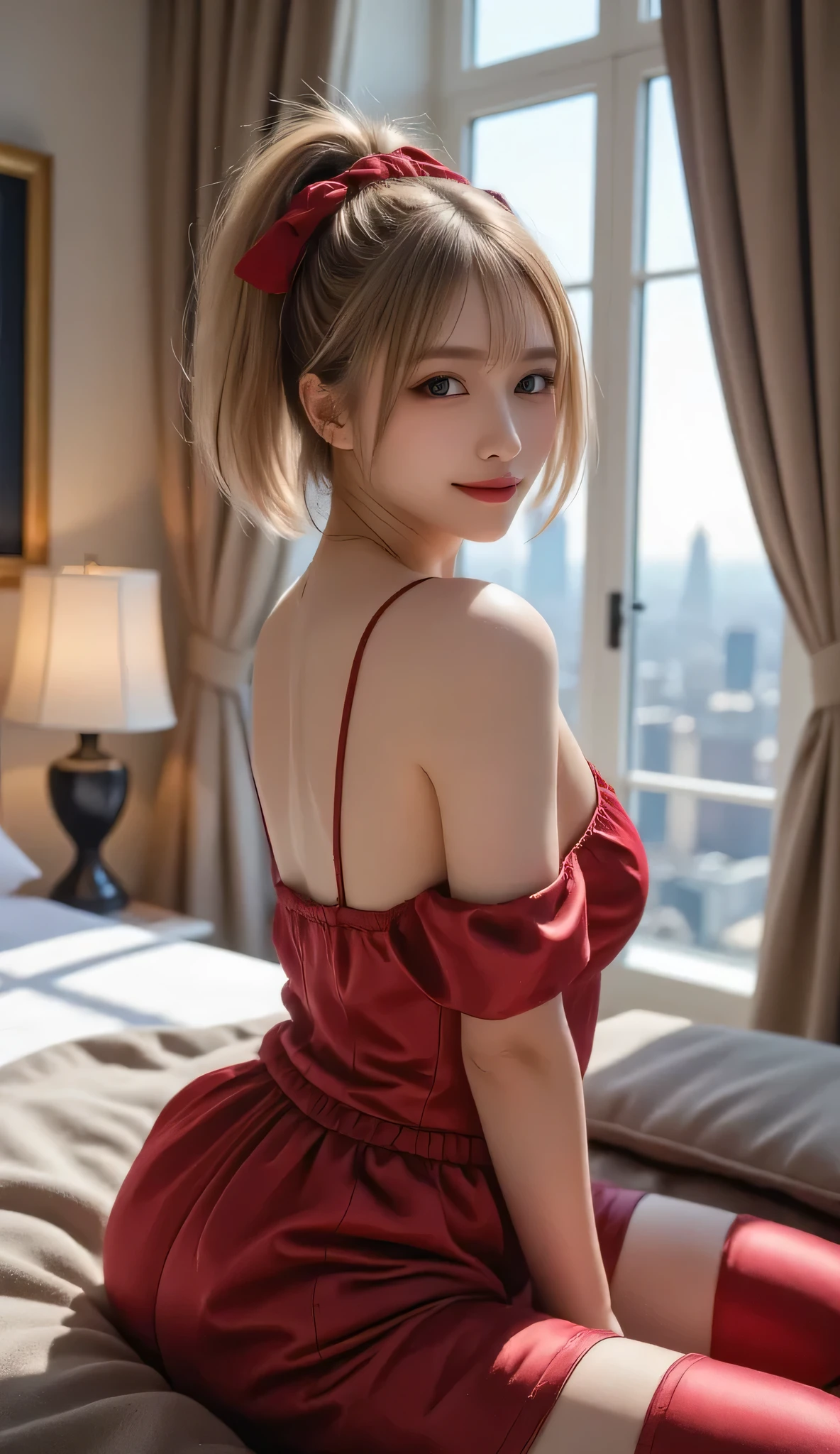highest quality、8k Masterpiece、超A high resolution、(Photorealistic:1.3)、RAW Photos、1 girl、Short silvery white hair、Glowing Skin、1. Super-beautiful Cyberpunk Soldiers、((Ultra-Realistic Details))、Portrait、Global Illumination、Shadow、Octane Rendering、8k、Super sharp、Beautiful breasts、Metal、Cold colors、、Very intricate details、Realistic Light、CGSoation Trend、Beautiful Eyes、Shining Eyes、To the camera、Neon Details、20age、Too beautiful face、Intelligence、Obscene、Sexy、Moe、smile、Red beautiful sexy long dress、whole body、Healthy Body、The background is the red-light district at night、love、short hair