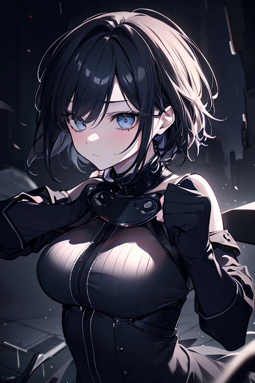 an adult female in an outfit that has black gloves coming out of it, she has her mouth open and her eyes are open wide, 1girl, breasts, solo, blue eyes, black hair, cleavage, looking at viewer, gloves, covered navel, jacket, bodysuit, black bodysuit