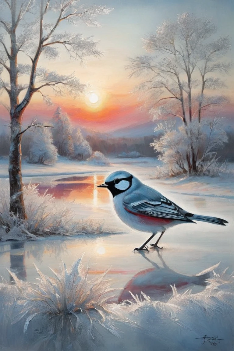 frosty frost painting on glass transparent bird in silver on glass

 behind the glass is a crimson dawn