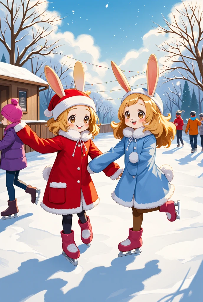 rabbit girl, rabbit ears, rabbit tail, two_girls, outdoor_ice_rink, first_time, winter_clothes, bright_red_coat, light_blue_jacket, fluffy_hats, matching_mittens, new_skates, sunlight, holding_hands, balance, surprise, excitement, joy, snowy_park, trees_with_snow, other_skaters, sunlight_glow, magical_winter, twinkling_fairy_lights, hot_chocolate_stand, festive_feel