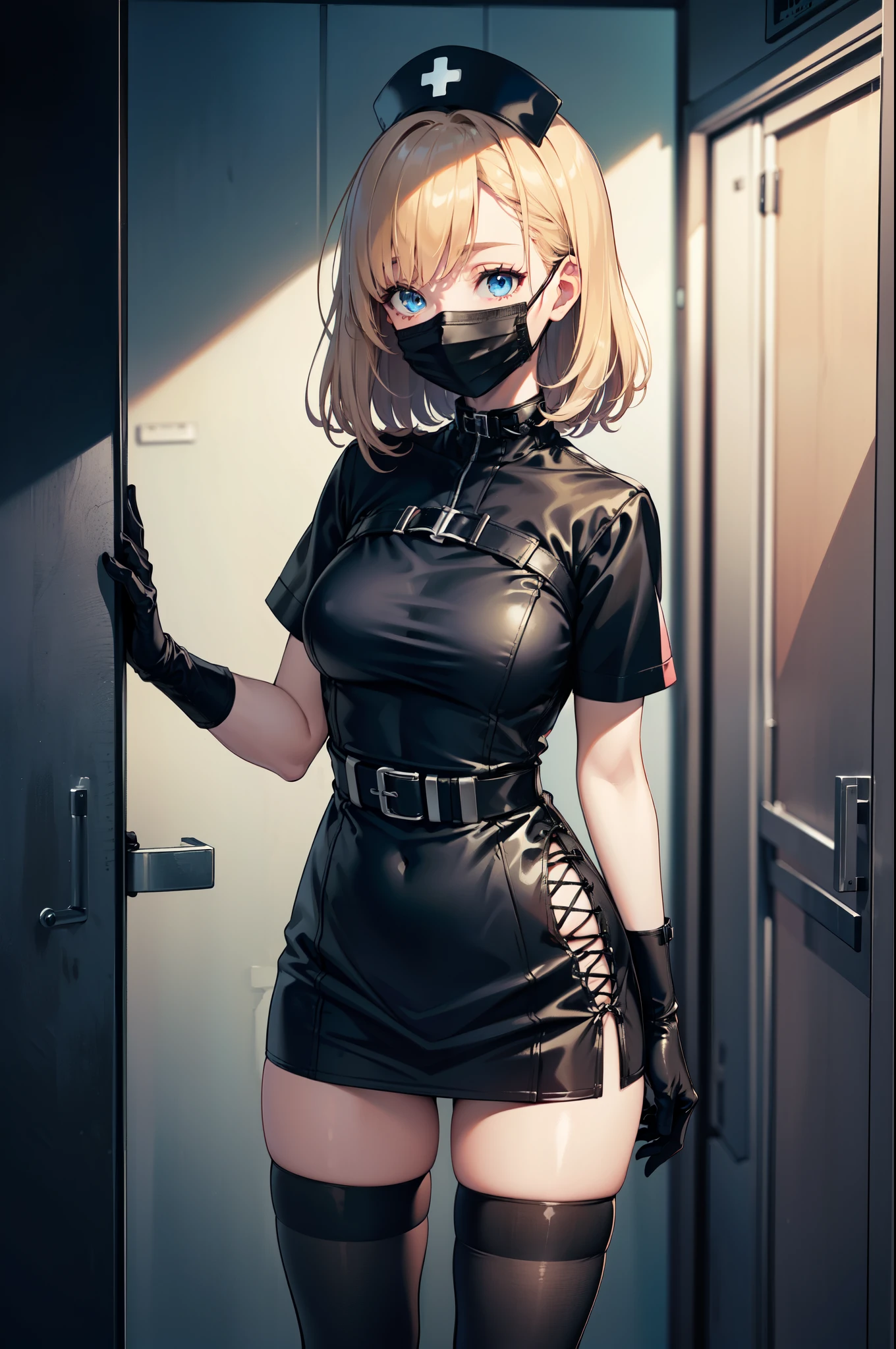 black nurse, 1woman, solo, black nurse cap, black wear, ((black legwear, zettai ryouiki)), black elbow gloves, blonde hair, blue eyes, ((black surgical mask, covered nose)), standing, ((surgery room)), sharp outline, short sleeves, mature female, 35 years old, best quality, masterpiece