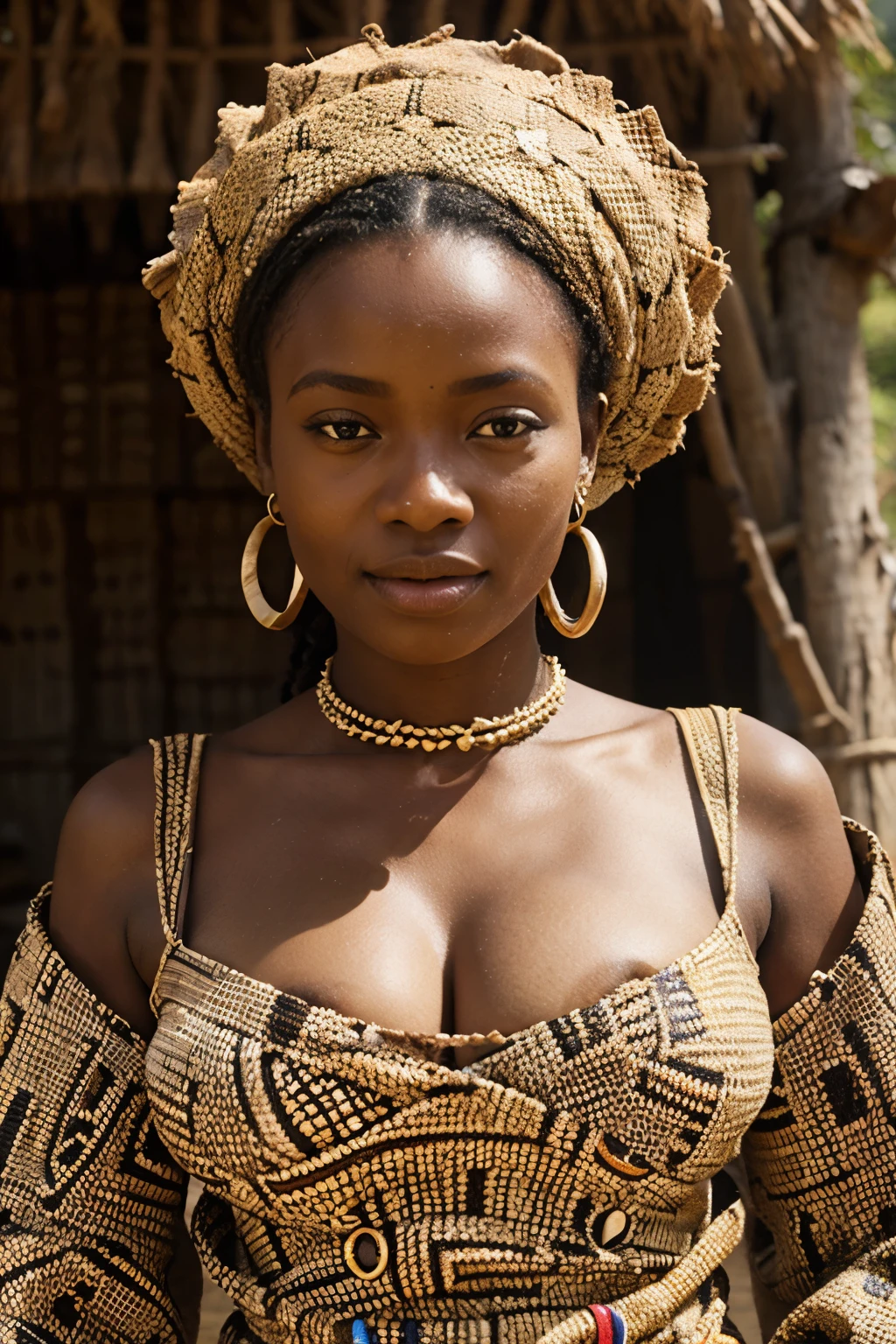 rural Ghanaian woman in traditional dress, sexy cleavage, beautiful, head wrapped in traditional Ghanaian scarf, posing for photo, looking straight at viewer, very big breasts, sexy pose, detailed expression