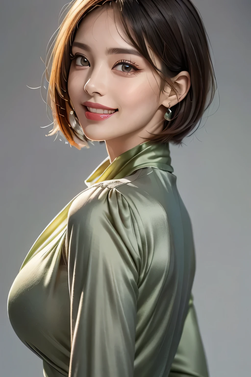 1girl,(wearing a green blouse:1.2),(RAW photo, best quality), (realistic, photo-realistic:1.4), masterpiece, an extremely delicate and beautiful, extremely detailed, 2k wallpaper, Amazing, finely detail, extremely detailed CG unity 8k wallpaper, ultra-detailed, highres, soft light, beautiful detailed girl, extremely detailed eyes and face, beautiful detailed nose, beautiful detailed eyes,cinematic lighting,city lights at night,perfect anatomy,slender body,smiling  (short hair:1.3)