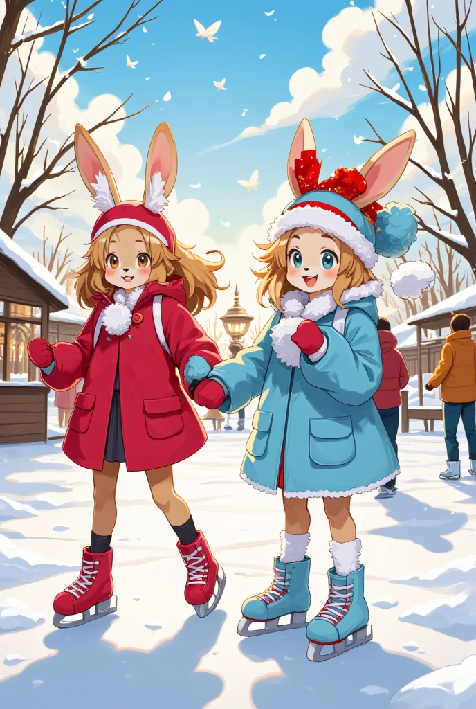 rabbit girl, rabbit ears, rabbit tail, two_girls, outdoor_ice_rink, first_time, winter_clothes, bright_red_coat, light_blue_jacket, fluffy_hats, matching_mittens, new_skates, sunlight, holding_hands, balance, surprise, excitement, joy, snowy_park, trees_with_snow, other_skaters, sunlight_glow, magical_winter, twinkling_fairy_lights, hot_chocolate_stand, festive_feel