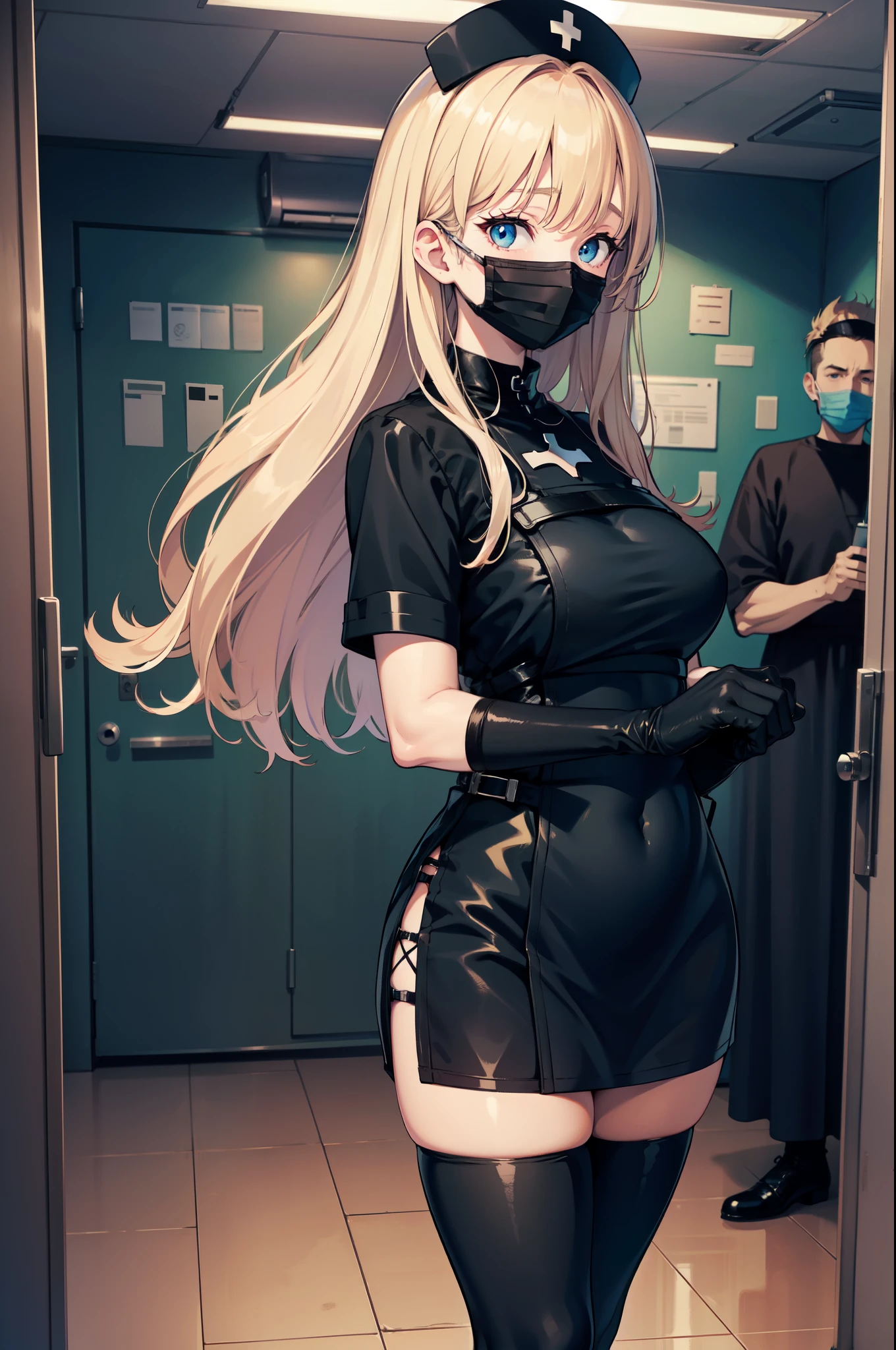 black nurse, 1woman, solo, black nurse cap, black nurse uniform, ((black legwear, zettai ryouiki)), black elbow gloves, blonde hair, blue eyes, ((black surgical mask, covered nose)), standing, ((surgery room)), sharp outline, short sleeves, mature female, 35 years old, best quality, masterpiece