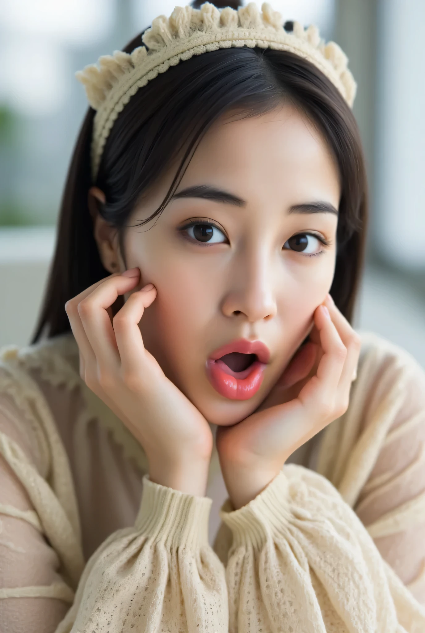 Picture of a woman's face 、( sharp concentration ), from below, ( please get down on your knees and look up :1.10), (( mouth:1.6)), ( sticks out his tongue :1.8), (Ultra-detailed beautiful faces:1.10), (Ultra-detailed beautiful slim body:1.9), 21 years old, ( ULTRA DETAILED BEAUTIFUL JAPANESE BEAUTIFUL IDOL :1.7), ( troubled face:1.3), The Woman in the Center of the Image , break, photorealistic, hyperrealism , Portrait of a young and adorable Japanese woman , Japanese facial features, young and cute slim oriental face, Bust Up Shot , 21 years old idol with a cute face, Beautiful Japanese Face , Japanese facial features, SHE HAS ADORABLE LOOTS , ( Fairy Tail lingerie , upper_body:1.5),