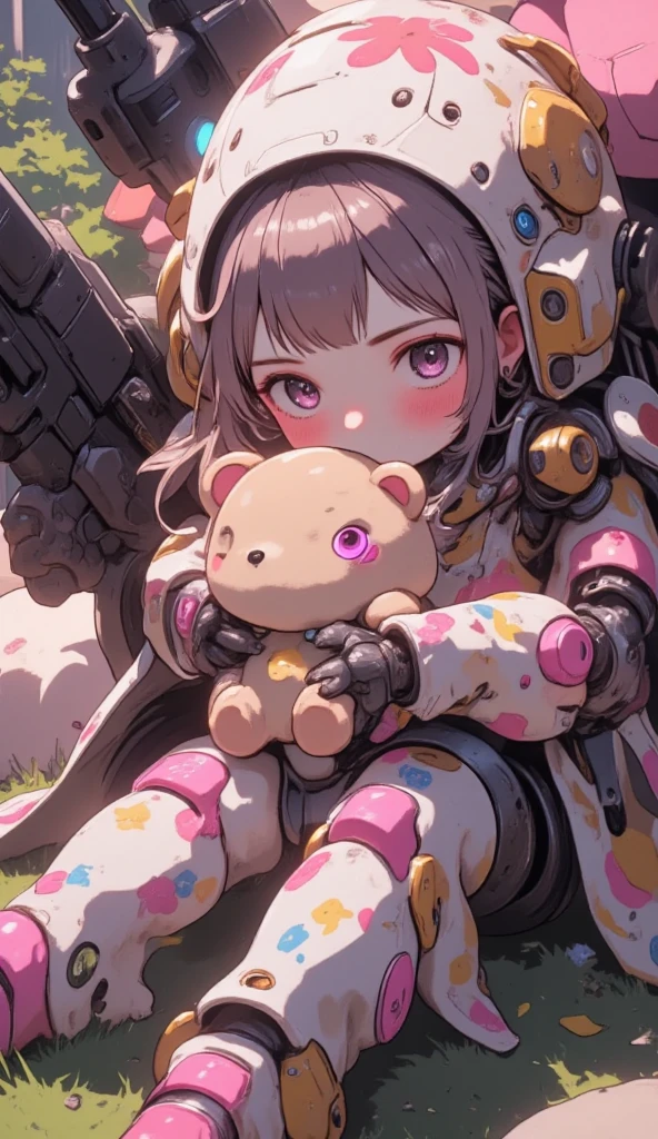 cute girly robot,flower pattern on body, heavy weapons,kawaii mood,Joints and gaps glowing pink.holding teddybear,newest anime style