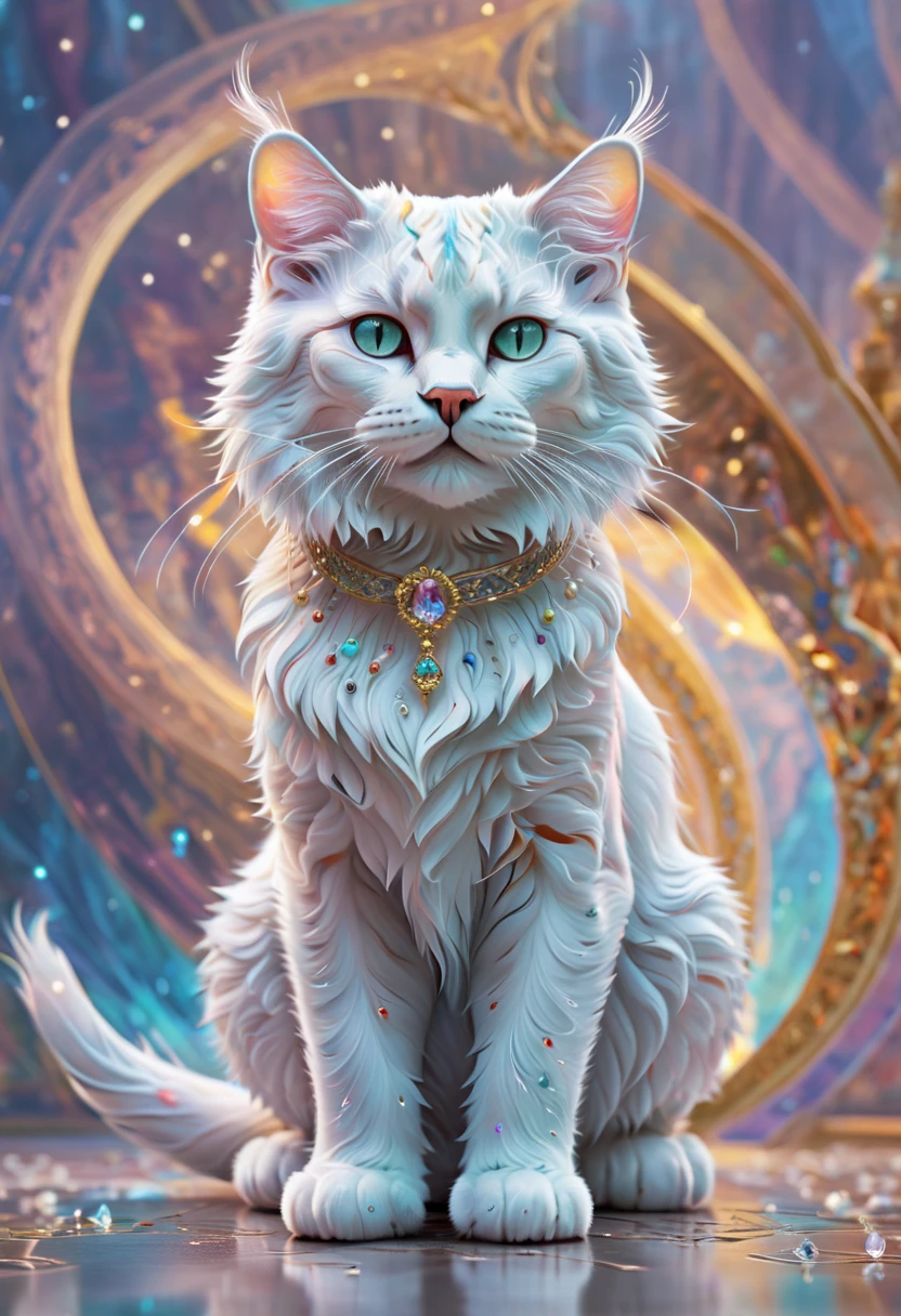 (( A masterpiece in 16K resolution ):1.6), (( complex ):1.4), ((crazy details):1.4),(( top quality ):1.3),(( Soft color 4K HD Digital art ):1.3).A Winter's Tale - a holographic elegant stretching shining kitty with a curved back