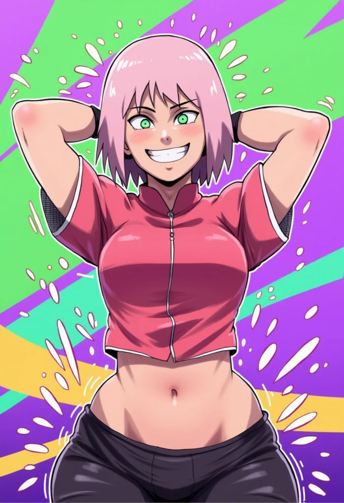 score_9, score_8_up, score_7_up,  D-ART, D-ART Style, 18dart3, 18dart2, 18DART1, motion lines, excited, 1girl, Sakura Haruno \(Naruto Shippuden\), short hair, green eyes, short pink hair, red jacket, midriff , navel , hands behind head, , wide , smile, Bright purple background