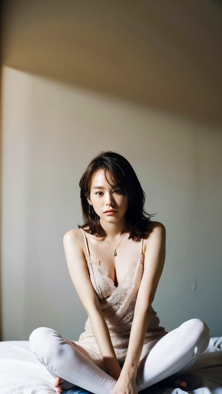 photo realistic, ultra realistic, best quality;
young Korean woman;
she has Chanel hair, dark brown eyes, wearing only sexy beige lingerie;
she is playing the piano in a theater in front of a full audience