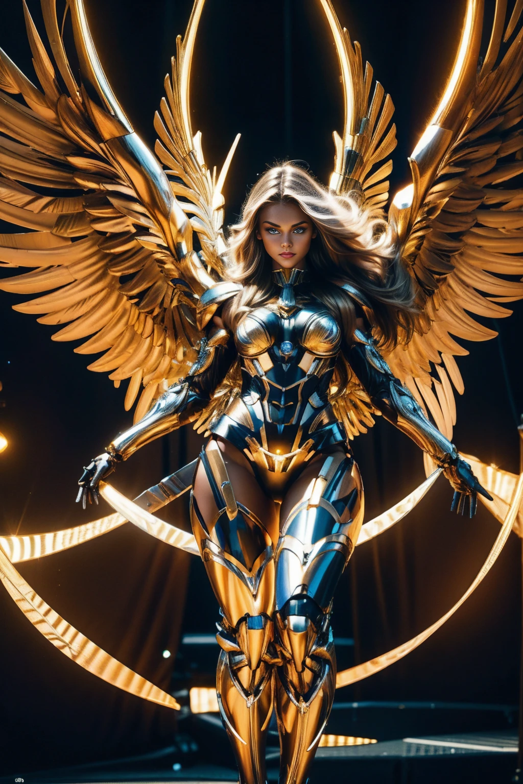 In the darkness, a woman's figure is illuminated by a circular light that frames her head, 18 year old angelic female, complete body, Caucasian skin, short,  body, biomechanical body, bio mechanical arm's, curved lips, long fire hair, bio mechanical legs, battle Valhalla background,  ultra detailed lighting, larg anglic wings,  ultrarealistic, 8k, neon sapphire eyes, 