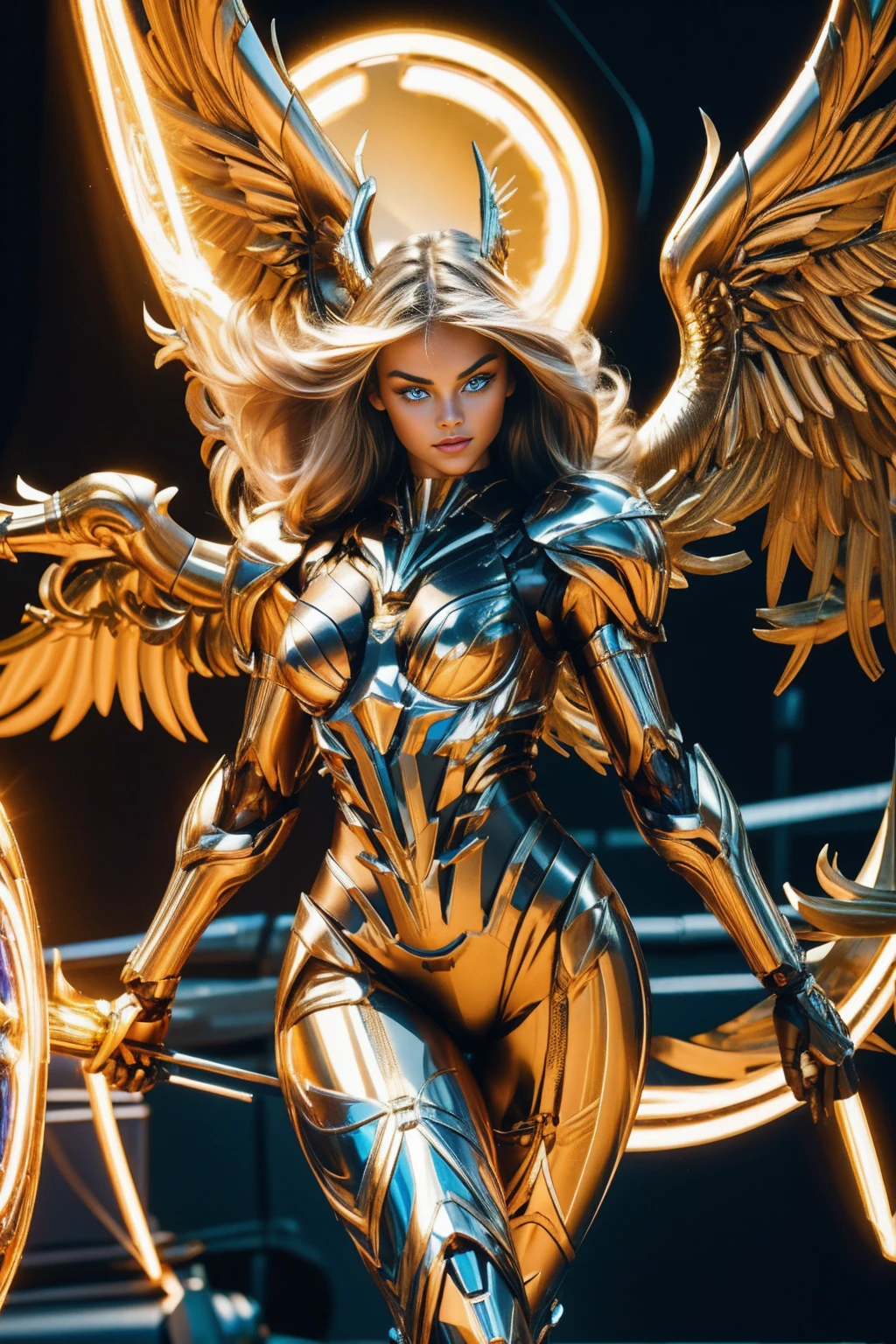 In the darkness, a woman's figure is illuminated by a circular light that frames her head, 18 year old angelic female, complete body, Caucasian skin, short,  body, biomechanical body, bio mechanical arm's, curved lips, long fire hair, bio mechanical legs, battle Valhalla background,  ultra detailed lighting, larg anglic wings,  ultrarealistic, 8k, neon sapphire eyes, 