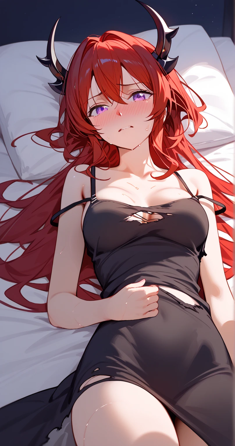 surtr ,Sur_Def, small daemon horns,black Daemon Horns,purple eyes, red hair,long hair、(torn black camisole dress:1.3)、 shoulder out、
BREAK
25 year old woman,sexy Lip、slender body、medium breasts ,nose blush,(lie on back:1.3),embarrassed,open eyes,sweat,groin,on bed,(strap slip),underboob
BREAK
high definition , masterpiece,  anatomically correct ,  very detailed,  High Quality 
BREAK
(bedroom at night:1.3),Dienamic sexy pose,cowboy shot