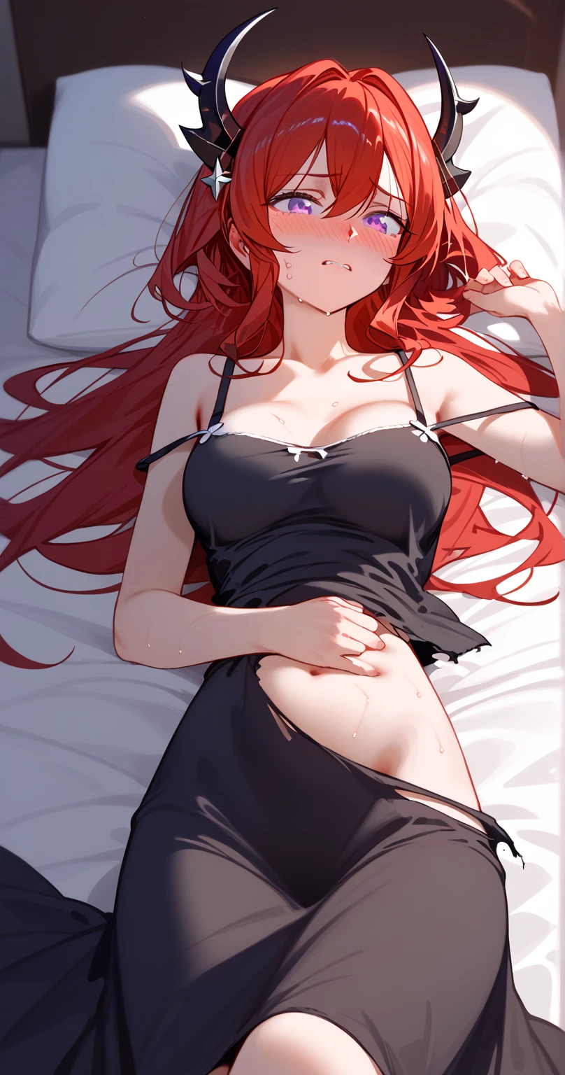 surtr ,Sur_Def, small daemon horns,black Daemon Horns,purple eyes, red hair,long hair、(torn black camisole dress:1.3)、 shoulder out、
BREAK
25 year old woman,sexy Lip、slender body、medium breasts ,nose blush,(lie on back:1.3),embarrassed,open eyes,sweat,groin,on bed,(strap slip),underboob
BREAK
high definition , masterpiece,  anatomically correct ,  very detailed,  High Quality 
BREAK
(bedroom at night:1.3),Dienamic sexy pose,cowboy shot