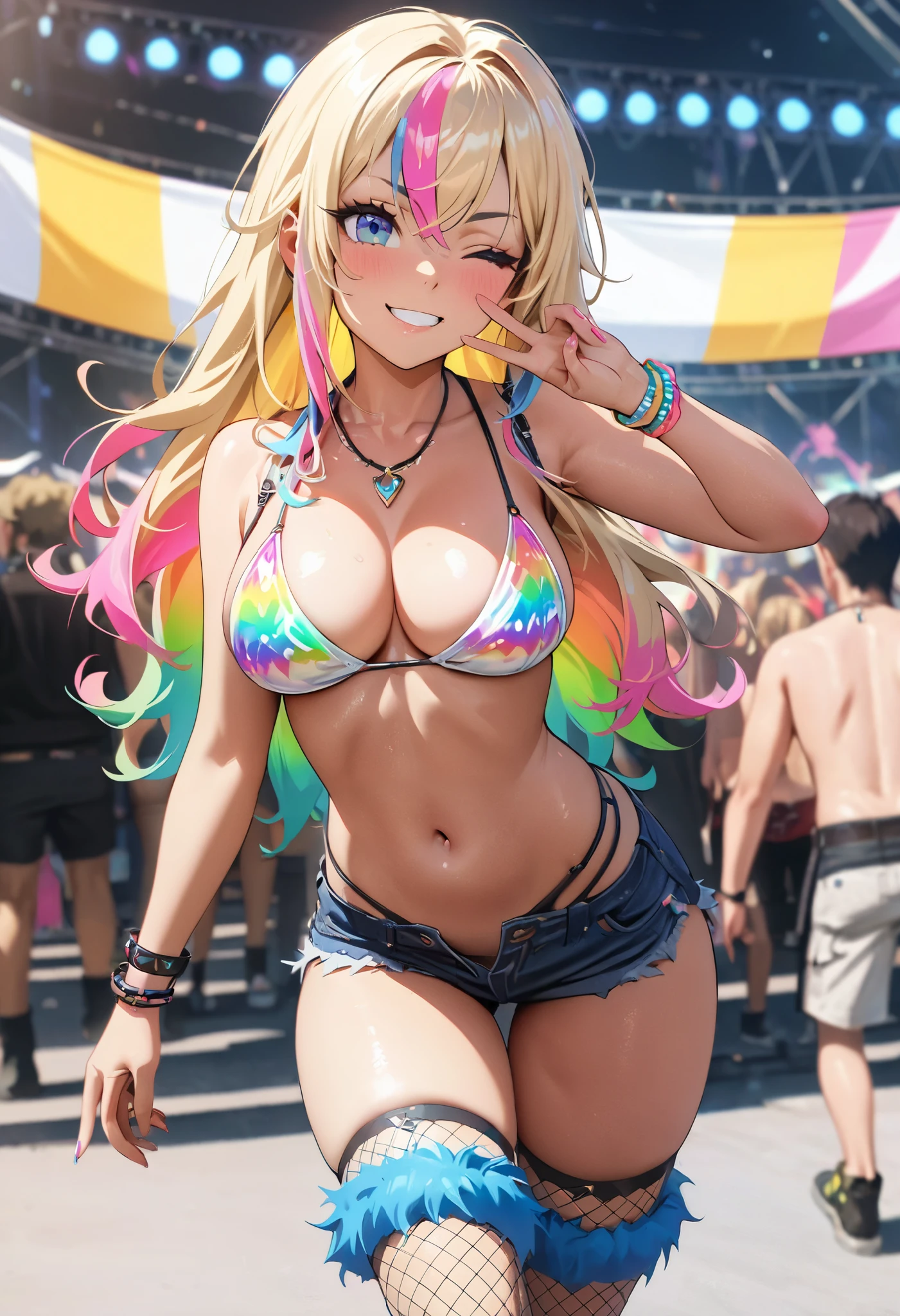 1girl, solo focus, raver girl at a festival, tan, long hair, blonde hair, pink hair, rainbow hair, streaked hair, multicolored hair, blue eyes, one eye closed, wink, bikini top only, large breasts, cleavage, short shorts, lowleg, midriff, navel, hip bones, fur boots, thigh strap, fishnets, jewelry, necklace, bracelet, fingernails, sexy, standing, contrapposto, looking at viewer, smile, v over eye, depth of field, blurry background, cinematic, filmic, high budget, (masterpiece), (best quality), (ultra-detailed), very aesthetic, illustration, perfect composition, intricate details, absurdres, sultry look, seductive, 