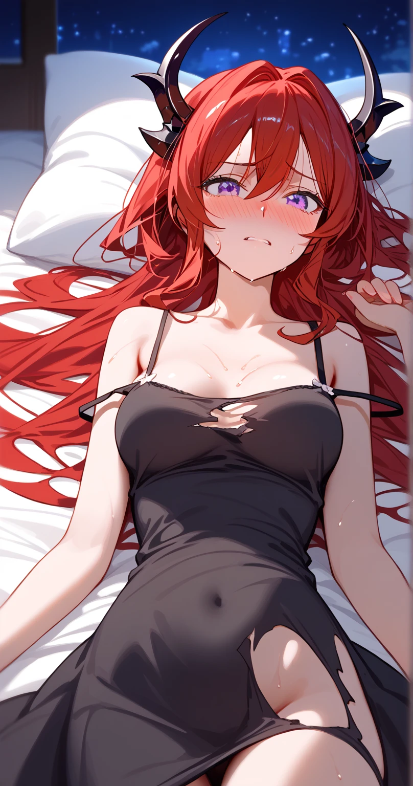 surtr ,Sur_Def, small daemon horns,black Daemon Horns,purple eyes, red hair,long hair、(torn black camisole dress:1.3)、 shoulder out、
BREAK
25 year old woman,sexy Lip、slender body、medium breasts ,nose blush,(lie on back:1.3),embarrassed,open eyes,sweat,groin,on bed,(strap slip),underboob
BREAK
high definition , masterpiece,  anatomically correct ,  very detailed,  High Quality 
BREAK
(bedroom at night:1.3),Dienamic sexy pose,cowboy shot