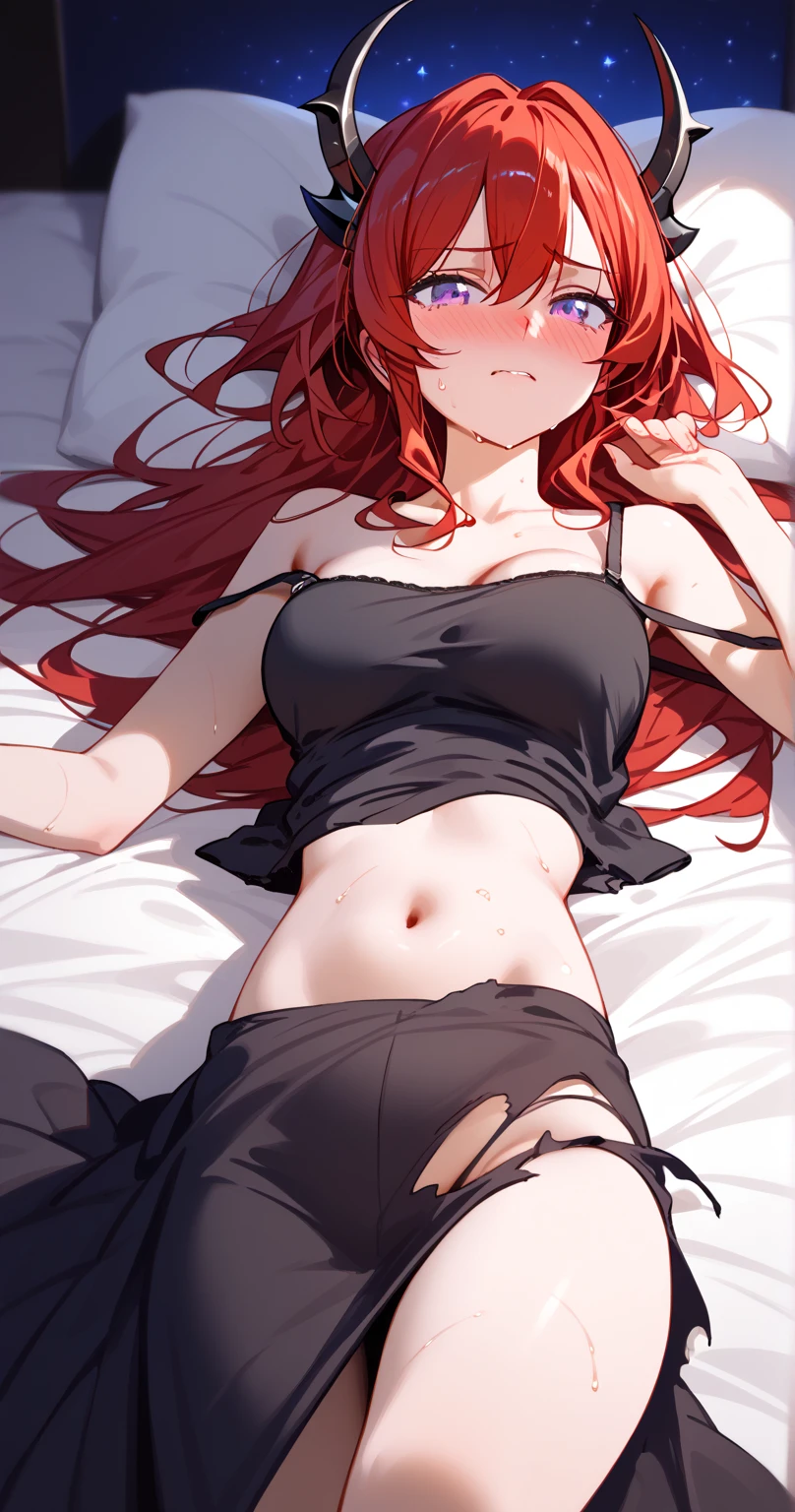 surtr ,Sur_Def, small daemon horns,black Daemon Horns,purple eyes, red hair,long hair、(torn black camisole dress:1.3)、 shoulder out、
BREAK
25 year old woman,sexy Lip、slender body、medium breasts ,nose blush,(lie on back:1.3),embarrassed,open eyes,sweat,groin,on bed,(strap slip),underboob
BREAK
high definition , masterpiece,  anatomically correct ,  very detailed,  High Quality 
BREAK
(bedroom at night:1.3),Dienamic sexy pose,cowboy shot