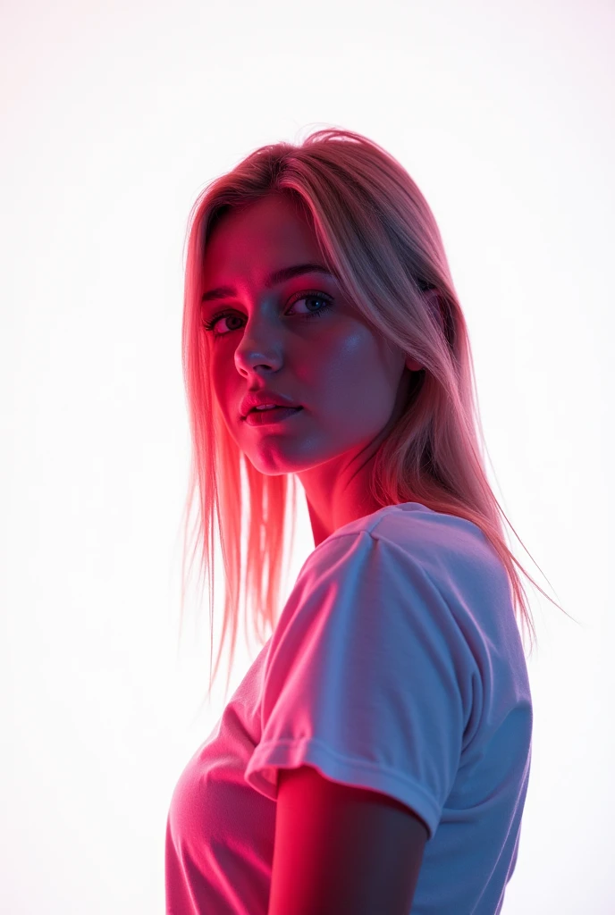 analog photo, silhouette, spotlight, portrait, a beautiful sexy young woman, highly detailed face, blonde, messy bun, big breast, seducing facial expression, wearing pink t-shirt, dark background, fair colors, RAW candid cinema,300mm, color graded portra 400 film, remarkable color, ultra realistic, fair skin, ready to do sex,