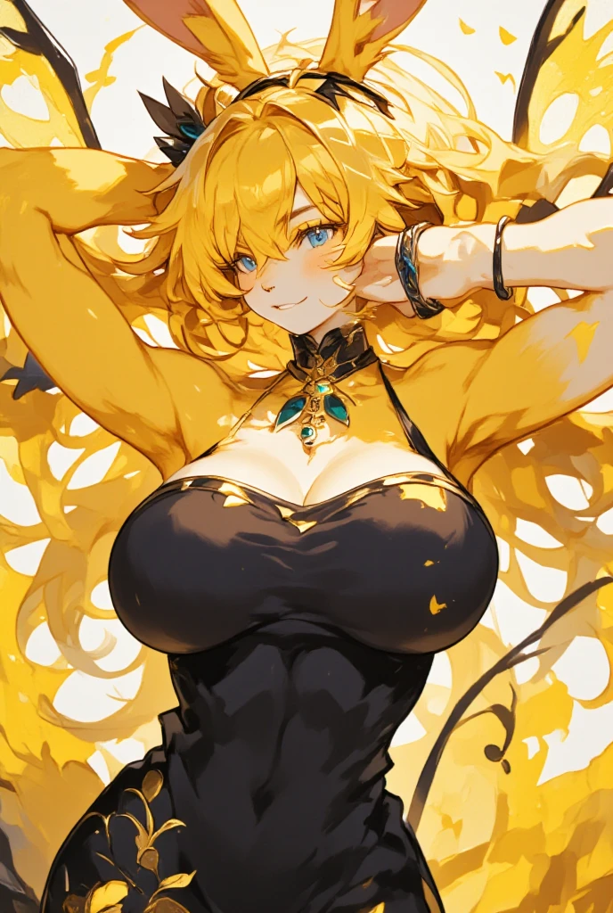 1girl, (furry, kemono:1.3), rabbit girl, rabbit ears, rabbit tail,breasts, blonde hair, blue eyes, long hair, wings, cleavage, large breasts, armpits, bare shoulders, insect wings, butterfly wings, hair between eyes, dress, sleeveless, sleeveless dress, bracelet, hair ornament, black dress, side slit, looking at viewer, arms up, bug, butterfly, solo, bare arms, cowboy shot, yellow theme, smile, jewelry, closed mouth