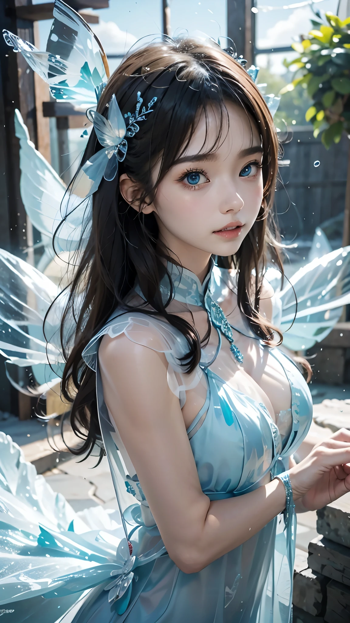 iceの女神,Frozen liquid,iceの世界,ice, 1 girl,Translucent clothing,air bubble,Blue Butterfly, blue eyes,Blue Nail,chest,positive,  the character on the right ,  upper body, Knee, dynamic pose,bubble,Blue   Butterfly Wings,  Butterfly Wings, crystals, dress,Glowing Butterfly, long hair,looking at viewer,medium chest,Open lips,Alone,water