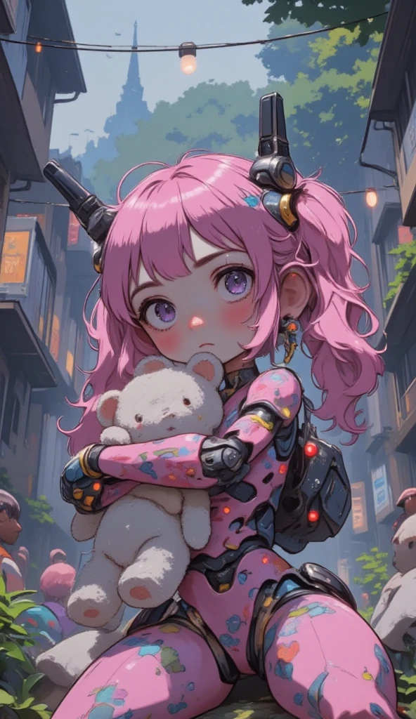 cute girly robot,flower pattern on body, heavy weapons,kawaii mood,Joints and gaps glowing pink.holding teddybear,newest anime style