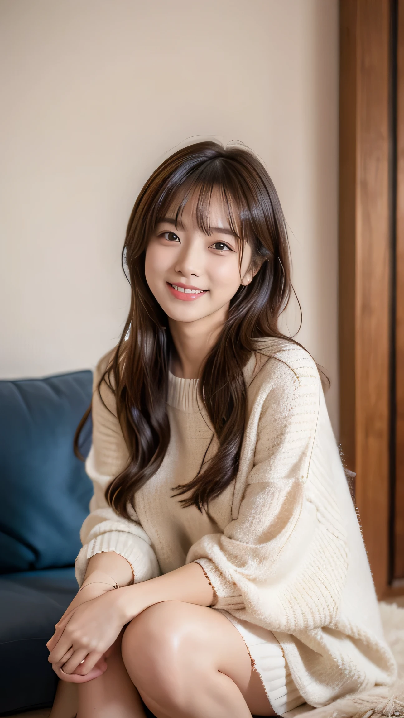 A beautiful 、Elegant female 、 smiles,Talk to the camera, sits in the cozy living room, high quality,4K