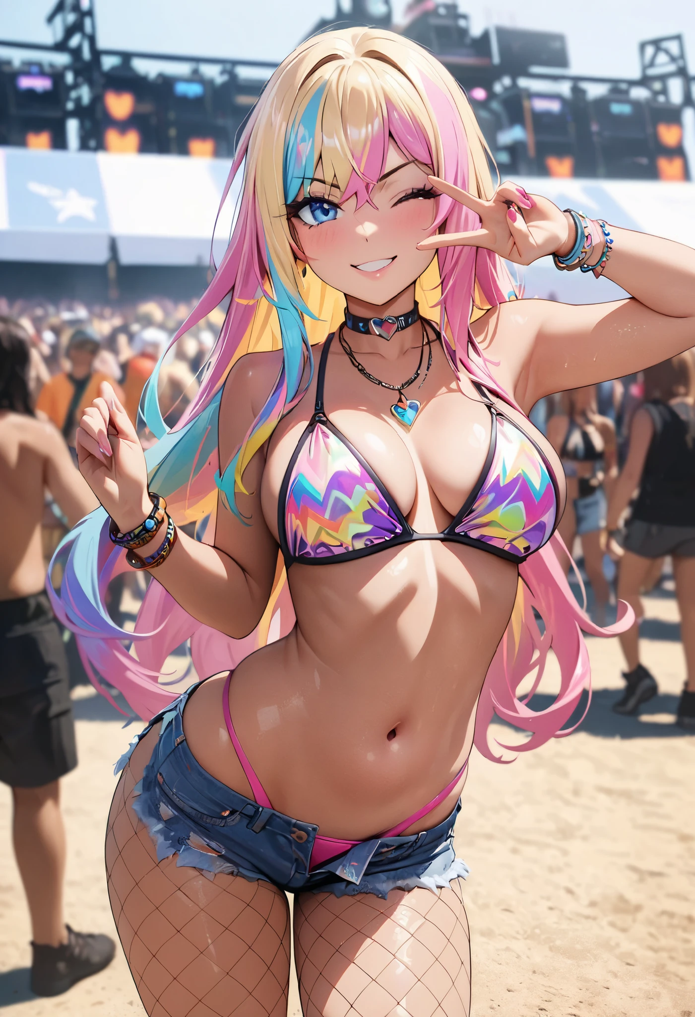 1girl, solo focus, raver girl at a festival, tan, long hair, blonde hair, pink hair, rainbow hair, streaked hair, multicolored hair, blue eyes, one eye closed, wink, bikini top only, large breasts, cleavage, short shorts, lowleg, midriff, navel, hip bones, fur boots, thigh strap, fishnets, jewelry, necklace, bracelet, fingernails, sexy, standing, contrapposto, looking at viewer, smile, v over eye, depth of field, blurry background, cinematic, filmic, high budget, (masterpiece), (best quality), (ultra-detailed), very aesthetic, illustration, perfect composition, intricate details, absurdres, sultry look, seductive, 