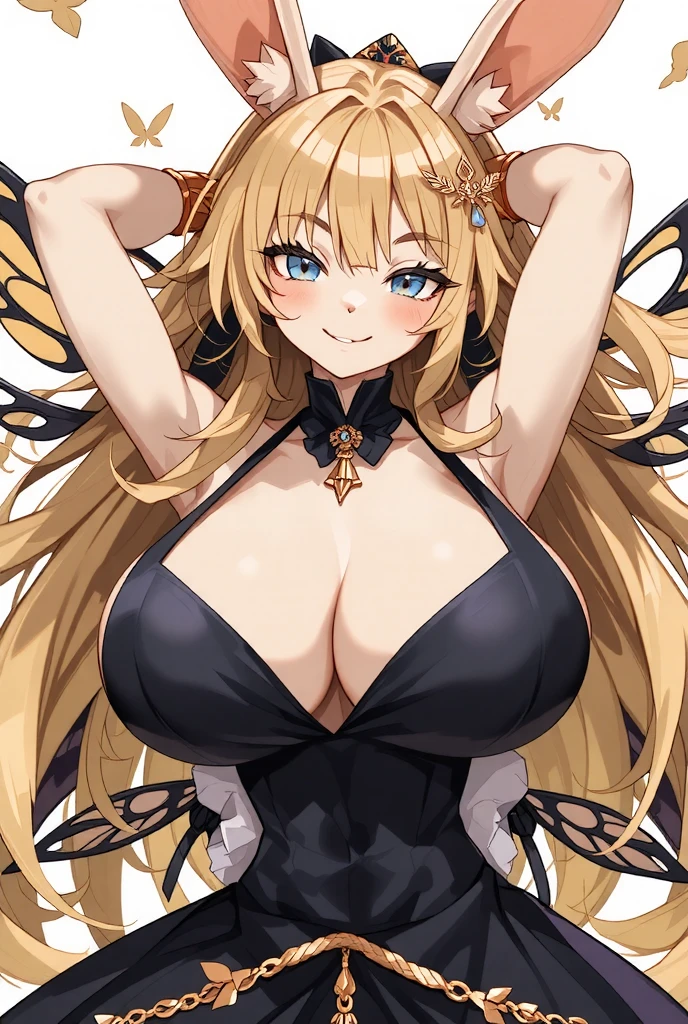 1girl, (furry, kemono:1.3), rabbit girl, rabbit ears, rabbit tail,breasts, blonde hair, blue eyes, long hair, wings, cleavage, large breasts, armpits, bare shoulders, insect wings, butterfly wings, hair between eyes, dress, sleeveless, sleeveless dress, bracelet, hair ornament, black dress, side slit, looking at viewer, arms up, bug, butterfly, solo, bare arms, cowboy shot, yellow theme, smile, jewelry, closed mouth