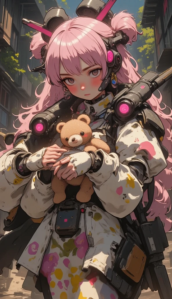 cute girly robot,flower pattern on body, heavy weapons,kawaii mood,Joints and gaps glowing pink.holding teddybear,newest anime style