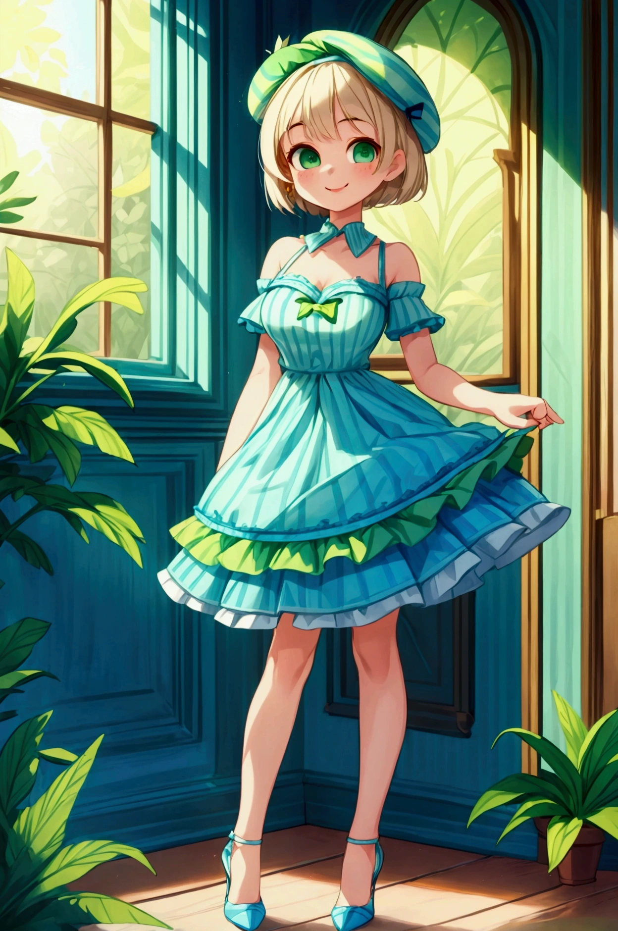 (masterpiece, best quality) 1 girl (Landscape: standing, indoor, intricate detail, sunlight) (Outfit: blue and green frilly striped dress with short neckline, high heels, beret) (Body: white blonde short hair, green eyes, teen gorgeous body, gorgeous legs, lovely, pronounced big breast, smiling