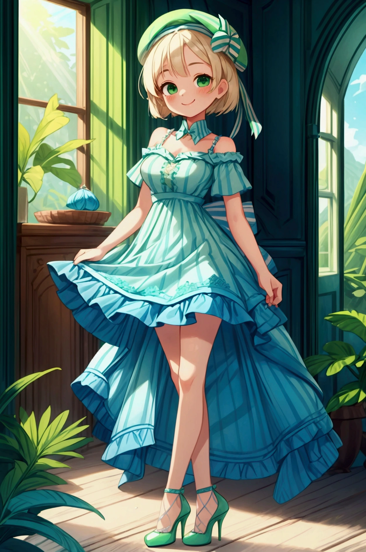 (masterpiece, best quality) 1 girl (Landscape: standing, indoor, intricate detail, sunlight) (Outfit: blue and green frilly striped dress with short neckline, high heels, beret) (Body: white blonde short hair, green eyes, teen gorgeous body, gorgeous legs, lovely, pronounced big breast, smiling