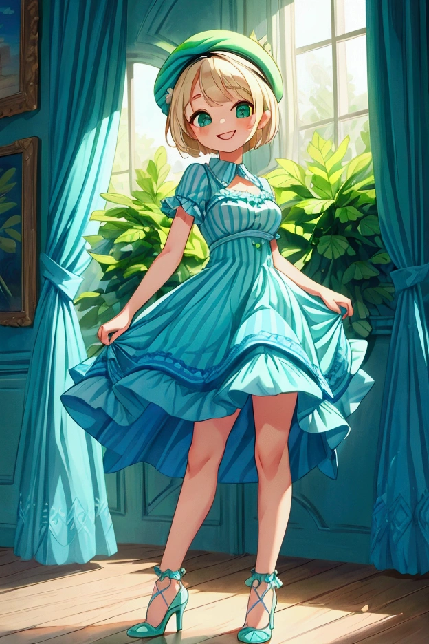 (masterpiece, best quality) 1 girl (Landscape: standing, indoor, intricate detail, sunlight) (Outfit: blue and green frilly striped dress with short neckline, high heels, beret) (Body: white blonde short hair, green eyes, teen gorgeous body, gorgeous legs, lovely, pronounced big breast, smiling