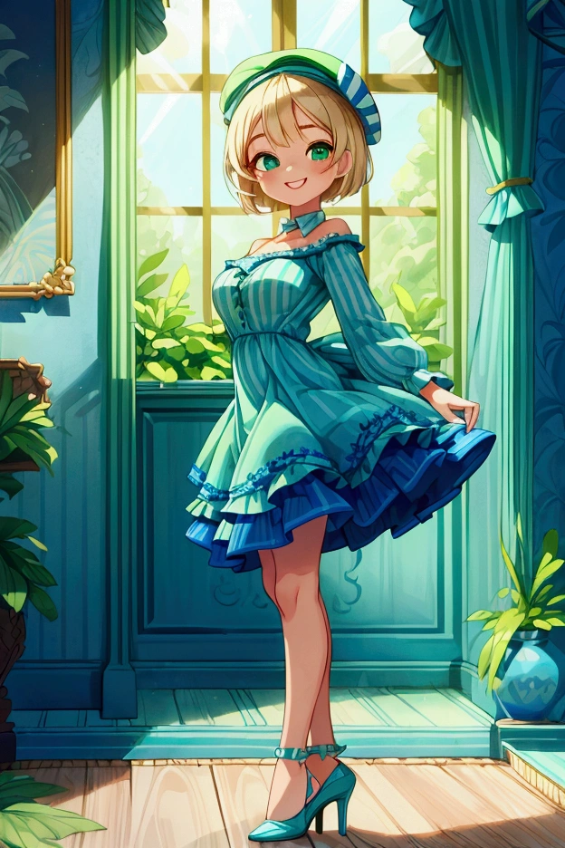 (masterpiece, best quality) 1 girl (Landscape: standing, indoor, intricate detail, sunlight) (Outfit: blue and green frilly striped dress with short neckline, high heels, beret) (Body: white blonde short hair, green eyes, teen gorgeous body, gorgeous legs, lovely, pronounced big breast, smiling